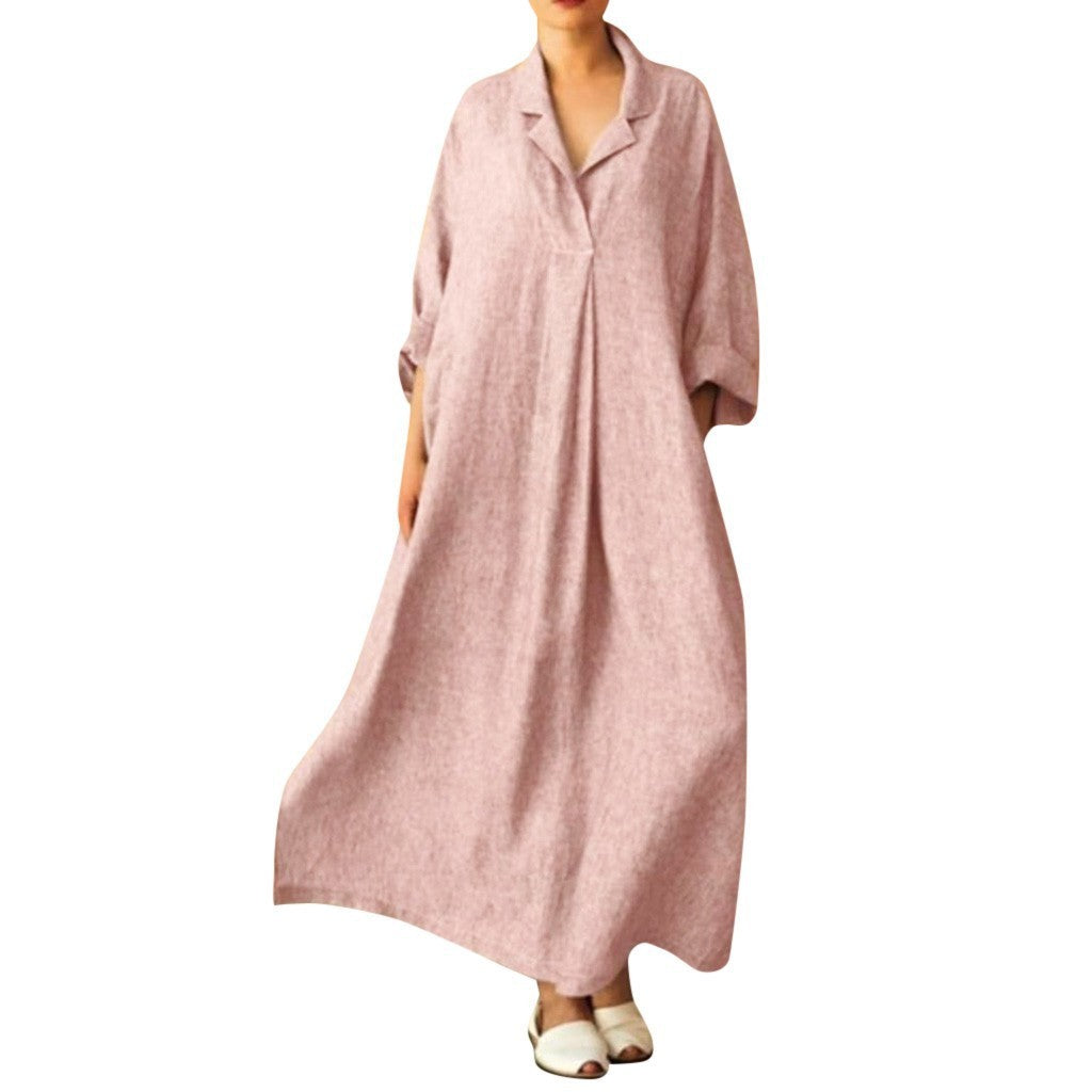 Women Dress Loose Casual Ankle Length Office Lady Dress Solid Lantern Sleeve Bohemian Loose Waist Women Dress