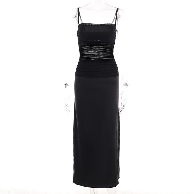 European And American Style Design Sense Temperament Mesh Satin Stitching Fake Two-piece Suspender Dress - Chic Angle