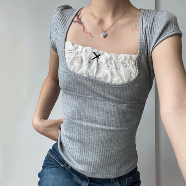 French Square Collar Lace Bow Shoulder Slimming T-shirt