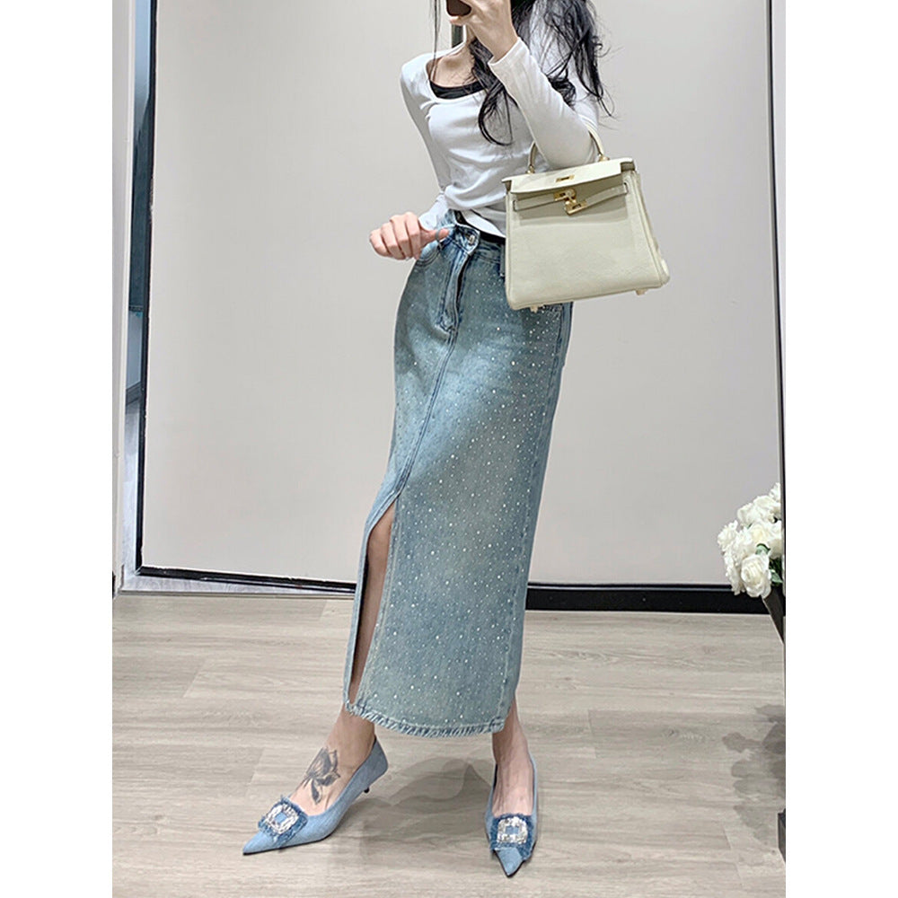 Women's Minimalist Hot Stamping Elastic Denim Skirt