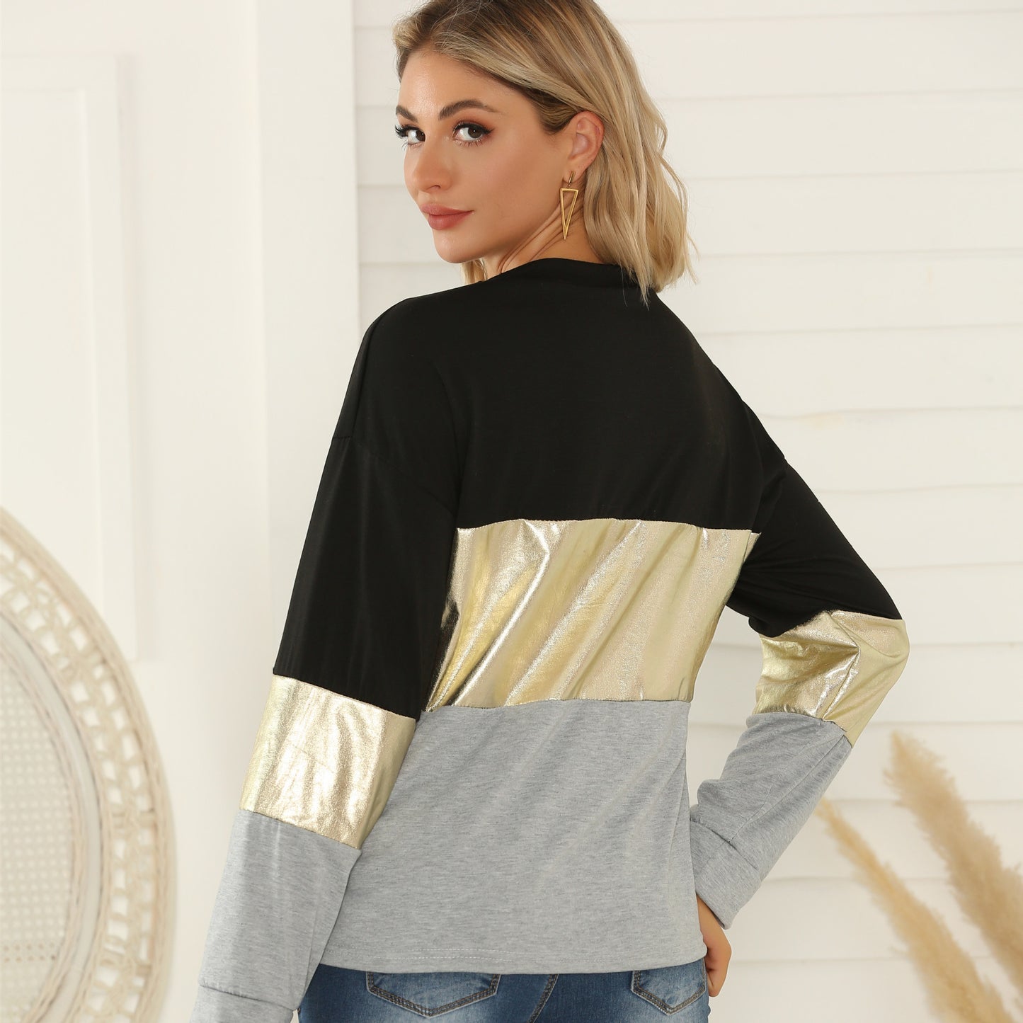 Women's Long Sleeve Stitching Golden Edge Top