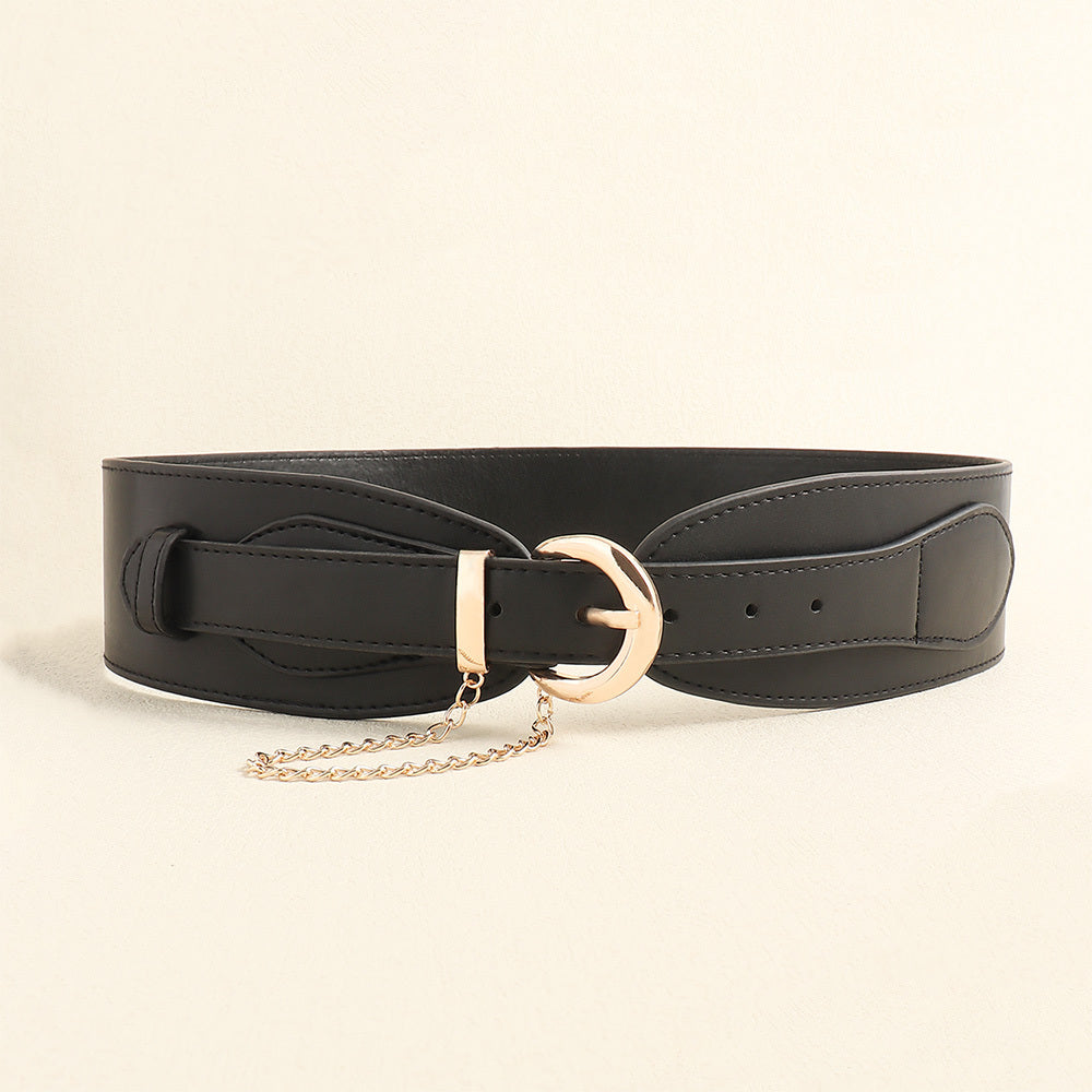 Vintage Women's Belt Black High-grade Metal Chain Pin Buckle Dress Shirt Simple Restraint Waist Wide Waist Seal