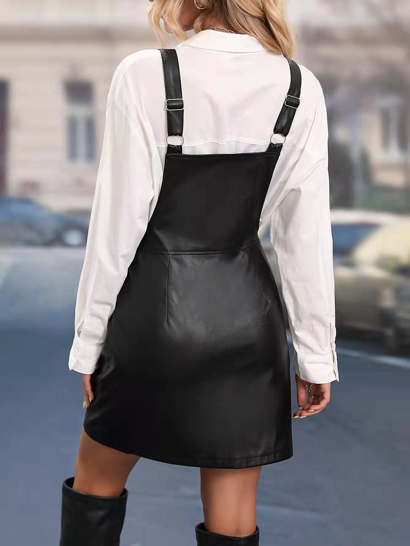 Ladies Fashion Suspender Faux Leather Dress