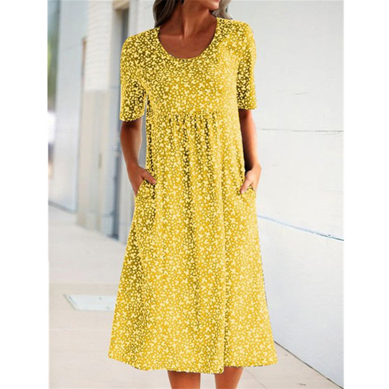Round Neck Short Sleeve Floral Midi Dress