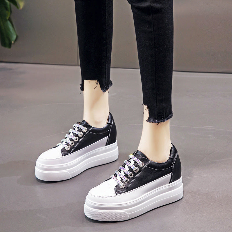 Genuine Leather Platform Versatile Casual Breathable White Muffin Height Increasing Insole Women's Board Shoes - Chic Angle