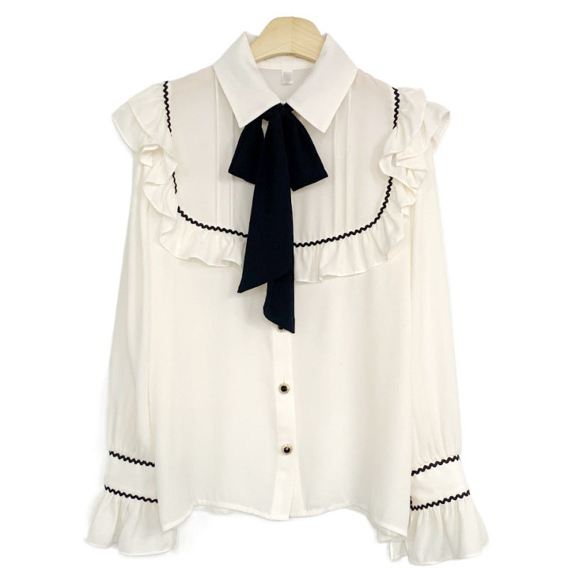 Color-blocking Bow Ruffled Tied Flared Sleeves Long Sleeves Shirt For Women