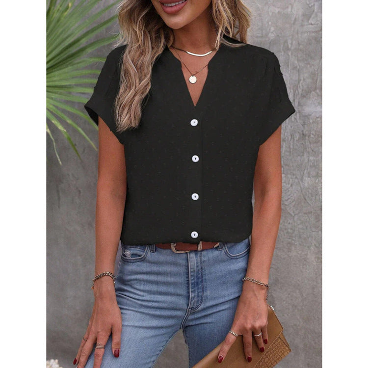 Solid Color Jacquard V-neck Buttons Women's Shirt