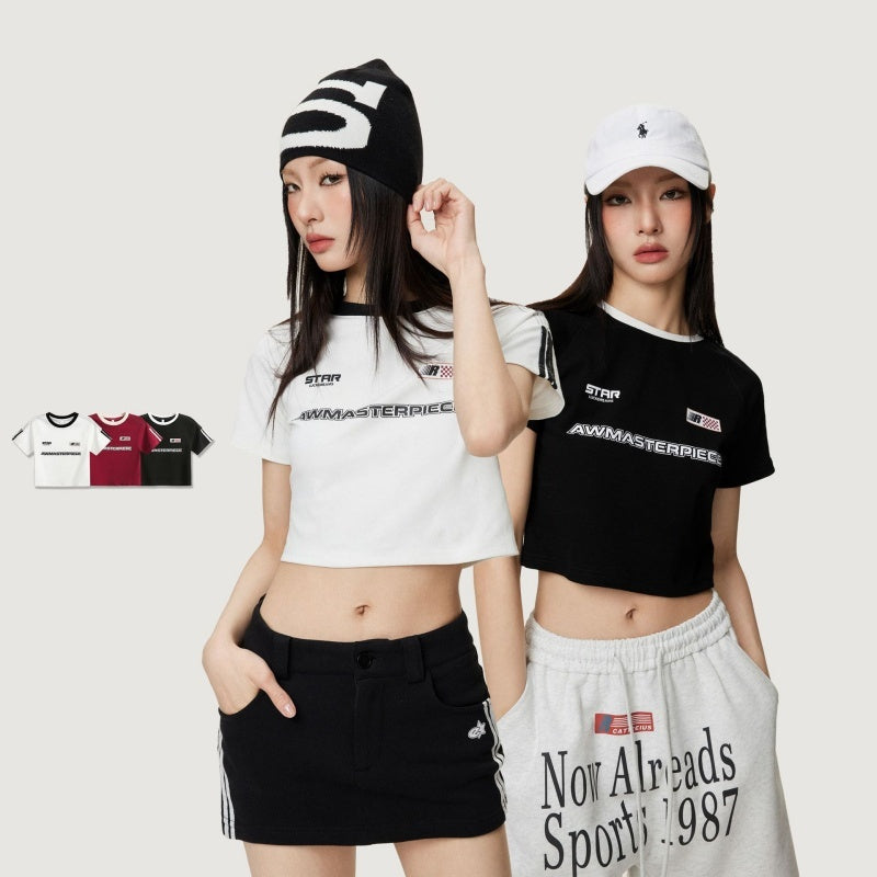 Embroidered Shoulder Short Top For Women High Waist Retro