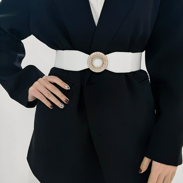 New Ladies Diamond Inlaid Rhinestone Elastic Elastic Belt Simple Round Buckle Skirt Shirt Decoration Suit Belt
