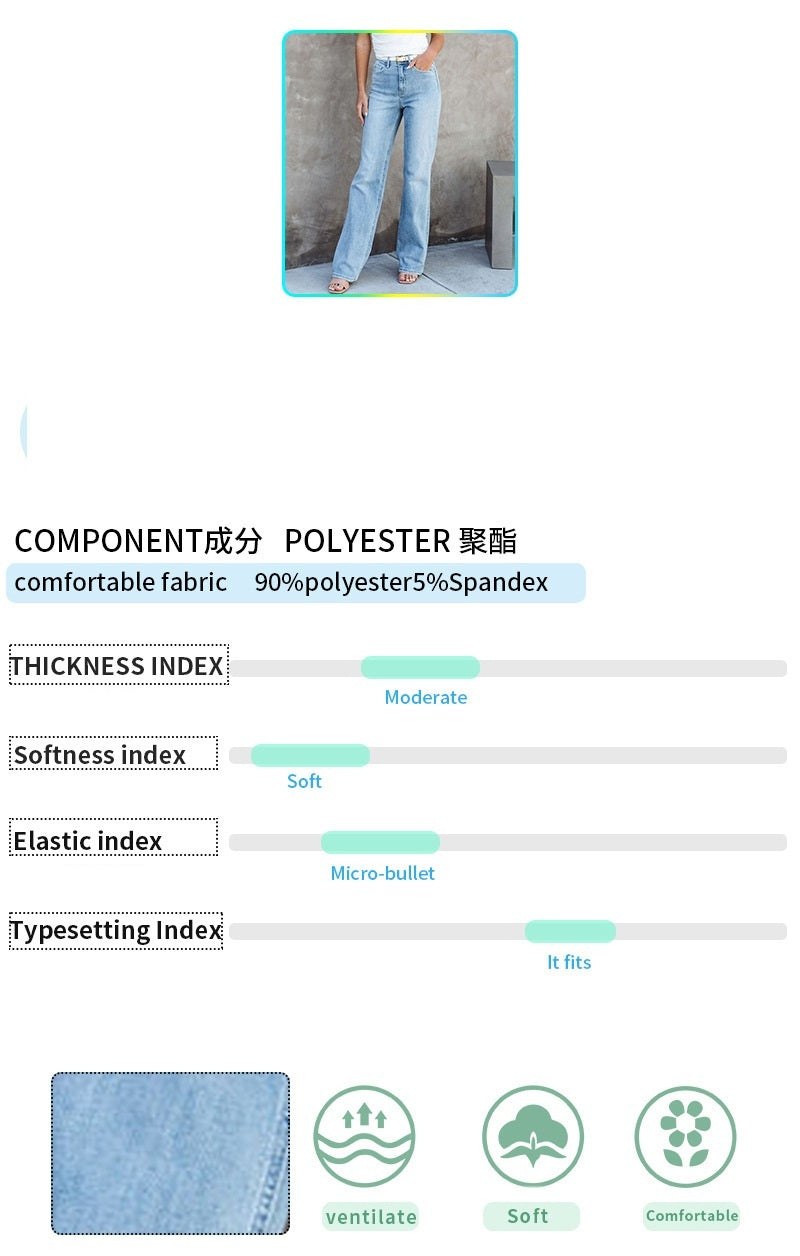European And American Style Washed Fashionable All-match Mid-waist Denim Straight-leg Trousers