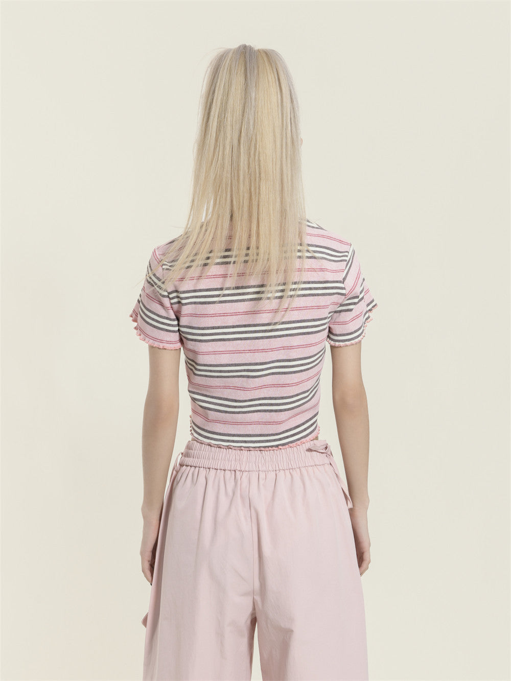 Contrast Color Striped Butterfly Embroidered Short Sleeve