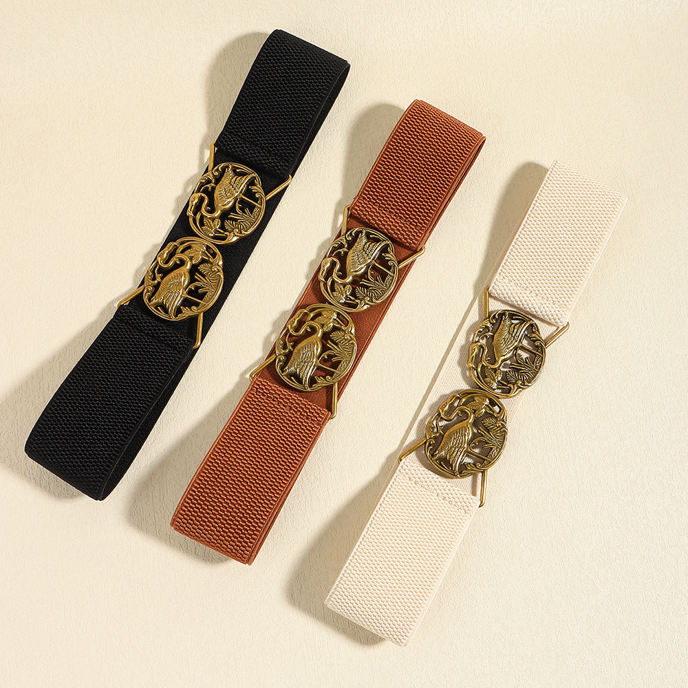 Simple Retro Elastic Belt Metal Hollow Buckle Red-crowned Crane Elastic Waist Elegant Female Fashion Accessories