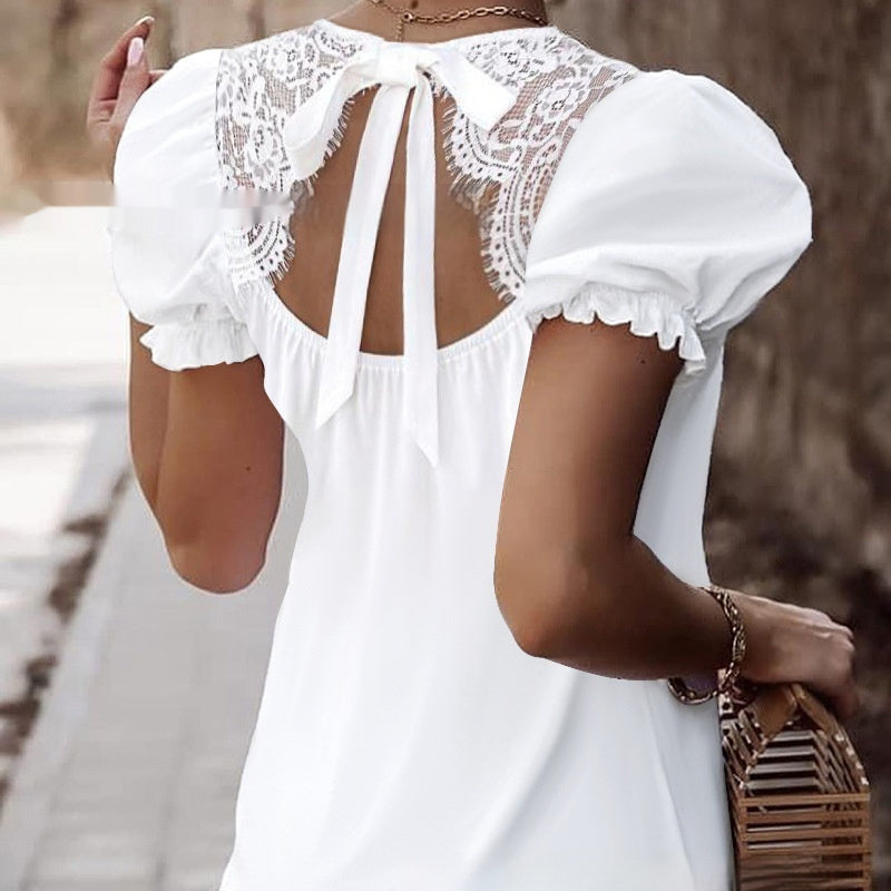 Casual Lace Stitching Tied Gift Knot Puff Sleeve Top