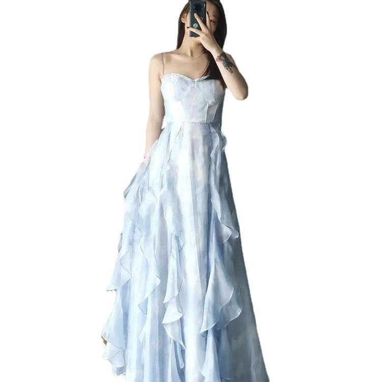 French Blue Strapless Sling Dress Seaside Vacation Draping Effect
