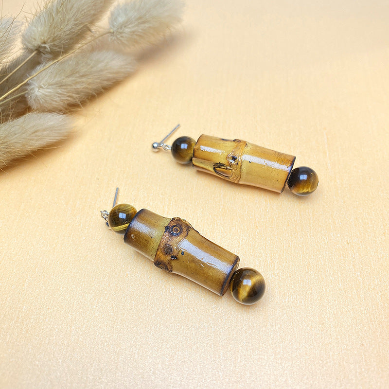 Silver Niche Design Earrings Ethnic Natural Bamboo Joint Female