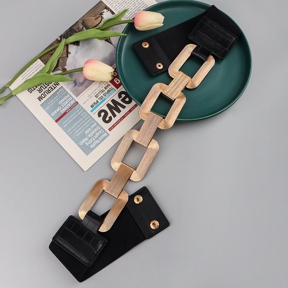 The New Women's Gold Black Wide Belt Decoration Fashion Elastic Metal Waist Cover With Skirt Coat Waist Closed With Fashion Belt