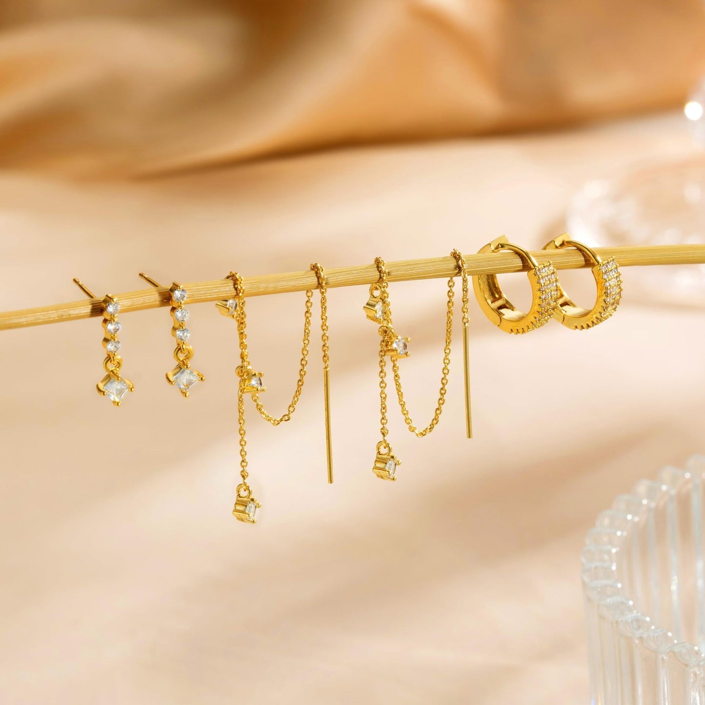 Inlaid Zircon Fashion Four Eight-pointed Stars Women's Earrings Three-piece Set