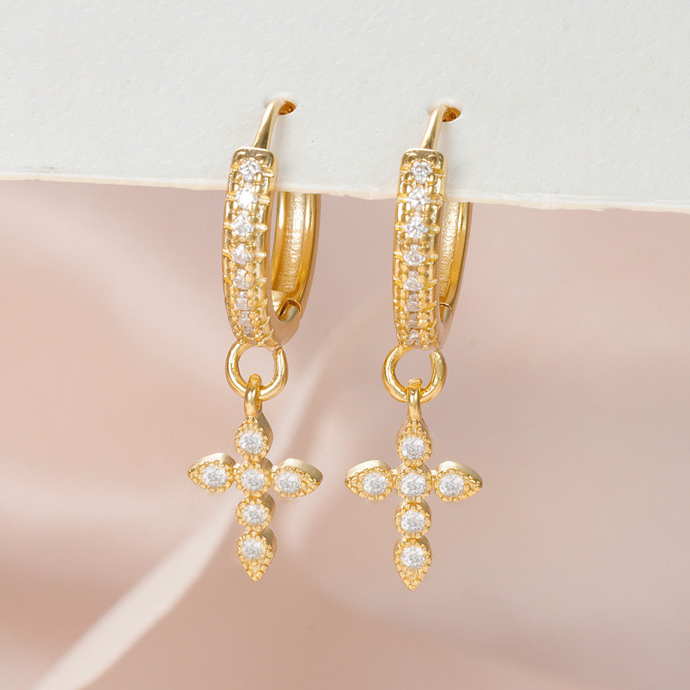 Gold Plated Water Drop Lightning Cross Pendant Earrings