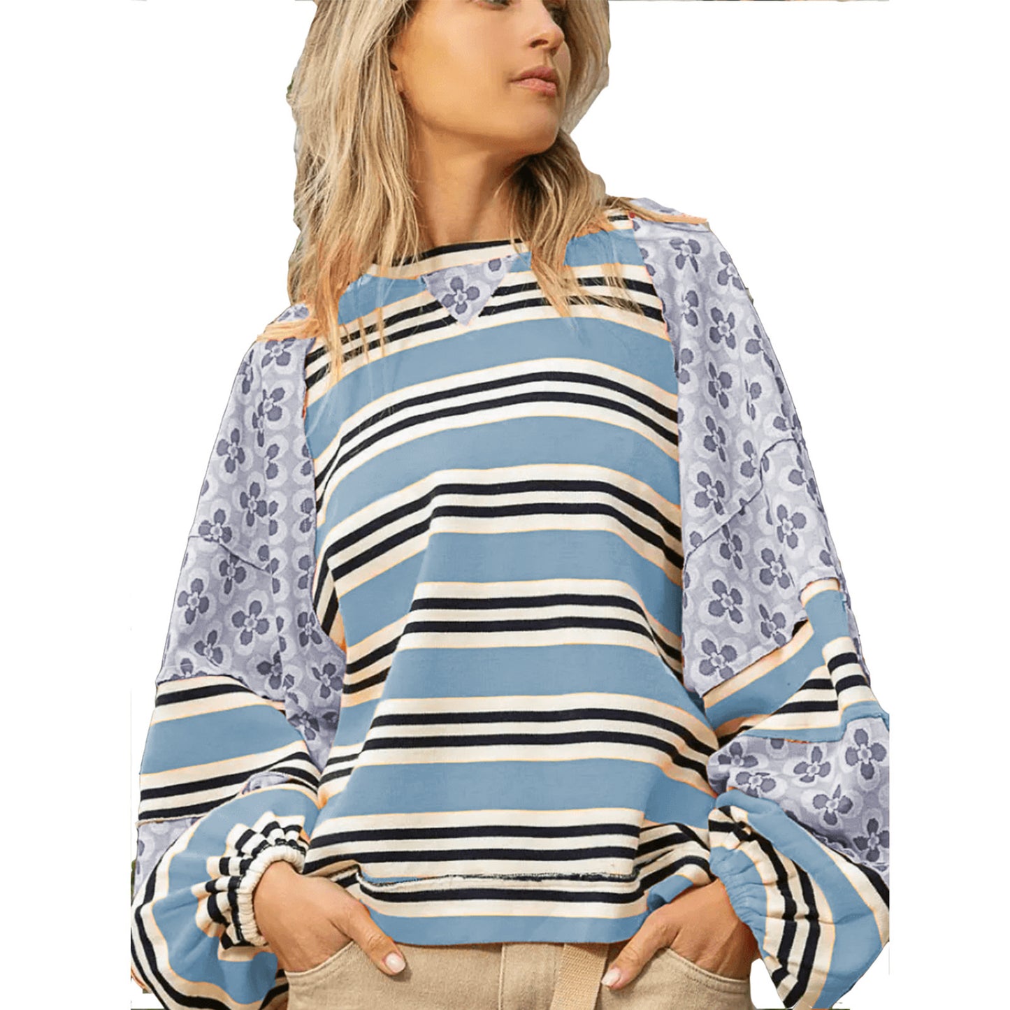 Women's Color Matching Printed Top Loose Long Sleeve