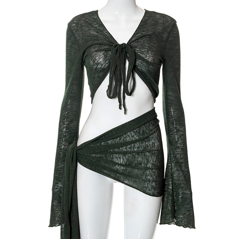 Strap Long-sleeved Wrap Top And Skirt