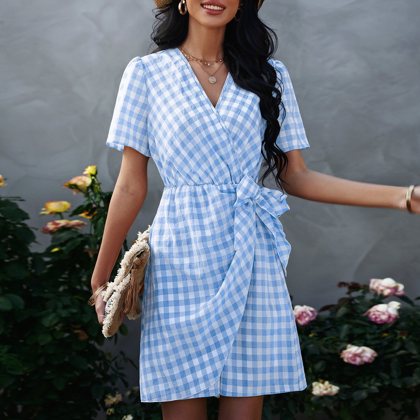 New Plaid Women's Fashion Bow V-neck Dress
