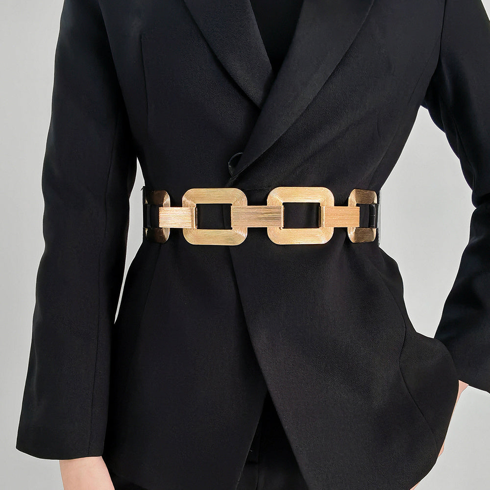 The New Women's Gold Black Wide Belt Decoration Fashion Elastic Metal Waist Cover With Skirt Coat Waist Closed With Fashion Belt