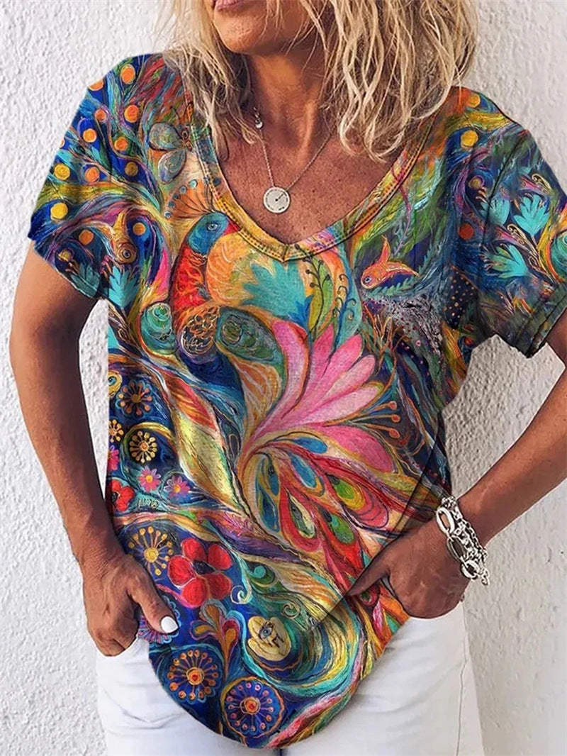 Summer Popular Floral Print Short-sleeved V-neck T-shirt For Women