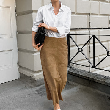 Suede Skirt Women's Elegant Khaki French High Waist Slimming And Straight Long Skirt