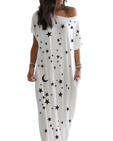 Women's Round Neck Short Sleeve Loose Midi Dress