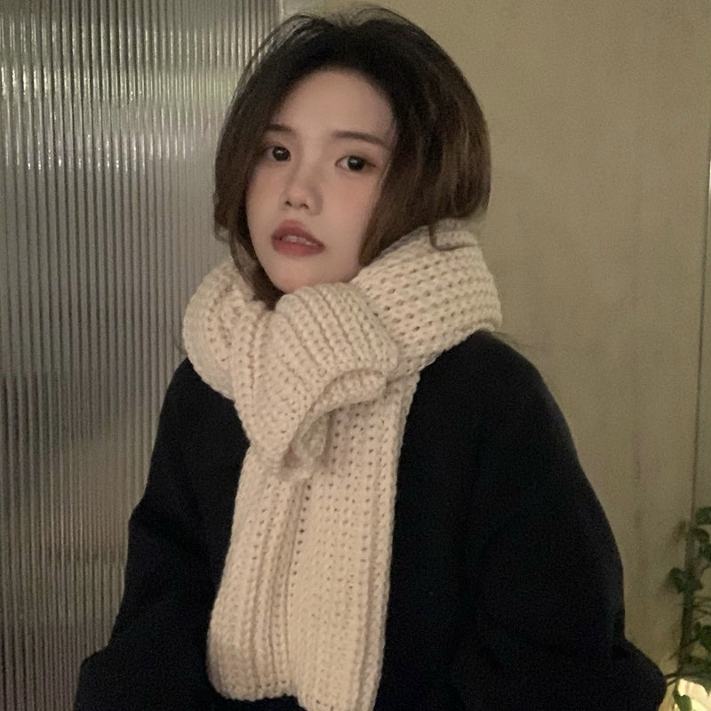 All-match Winter Thickened Warm Solid Color Thick Knit Woolen Scarf Women