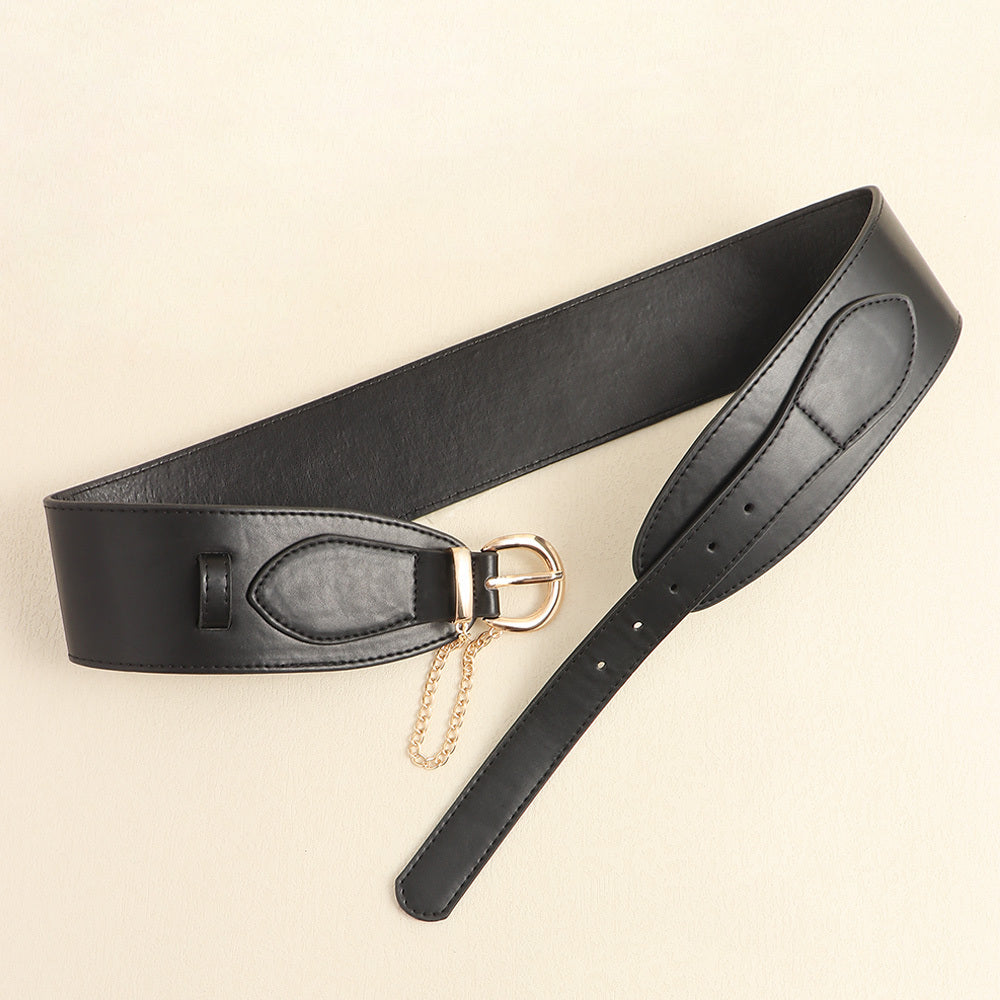 Vintage Women's Belt Black High-grade Metal Chain Pin Buckle Dress Shirt Simple Restraint Waist Wide Waist Seal