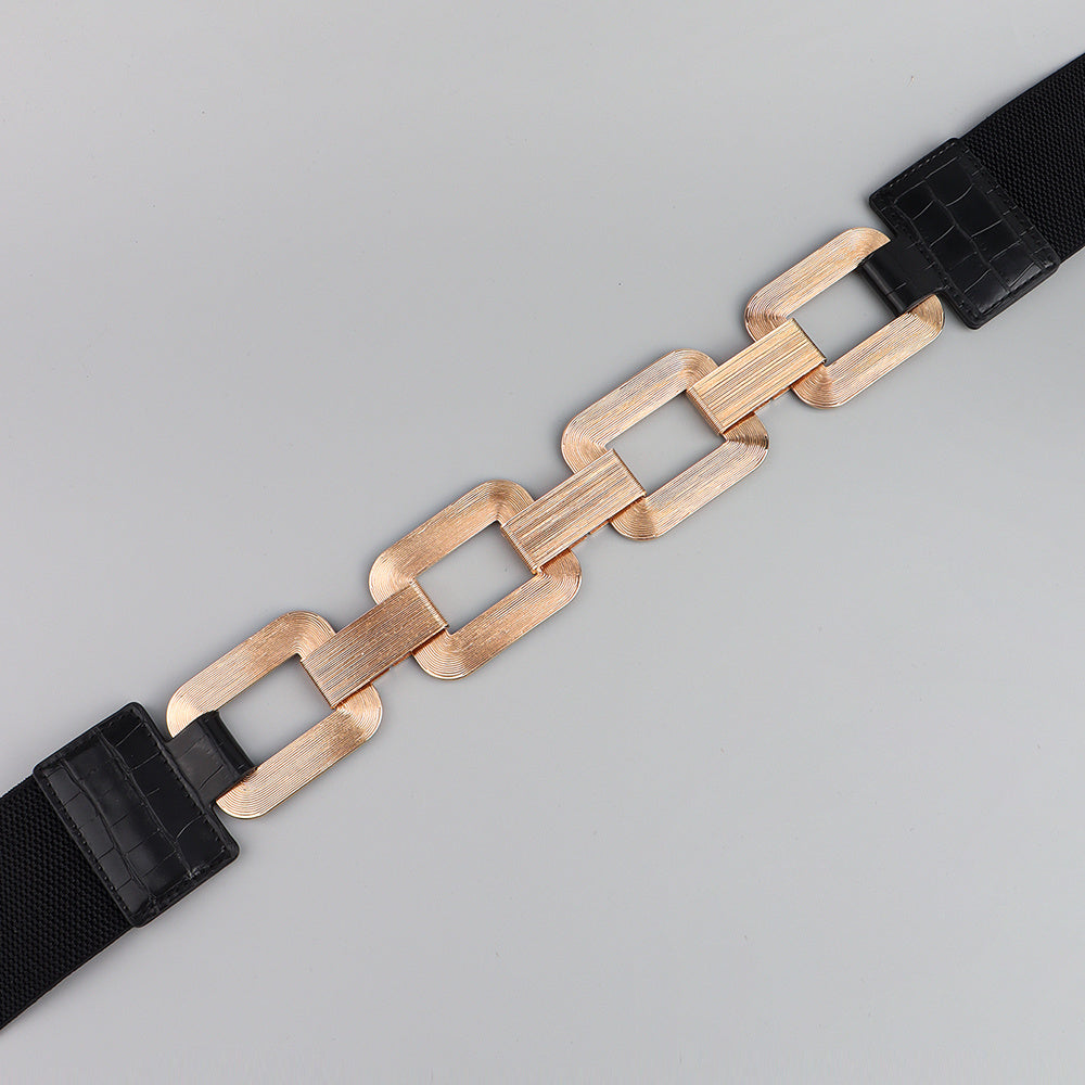 The New Women's Gold Black Wide Belt Decoration Fashion Elastic Metal Waist Cover With Skirt Coat Waist Closed With Fashion Belt