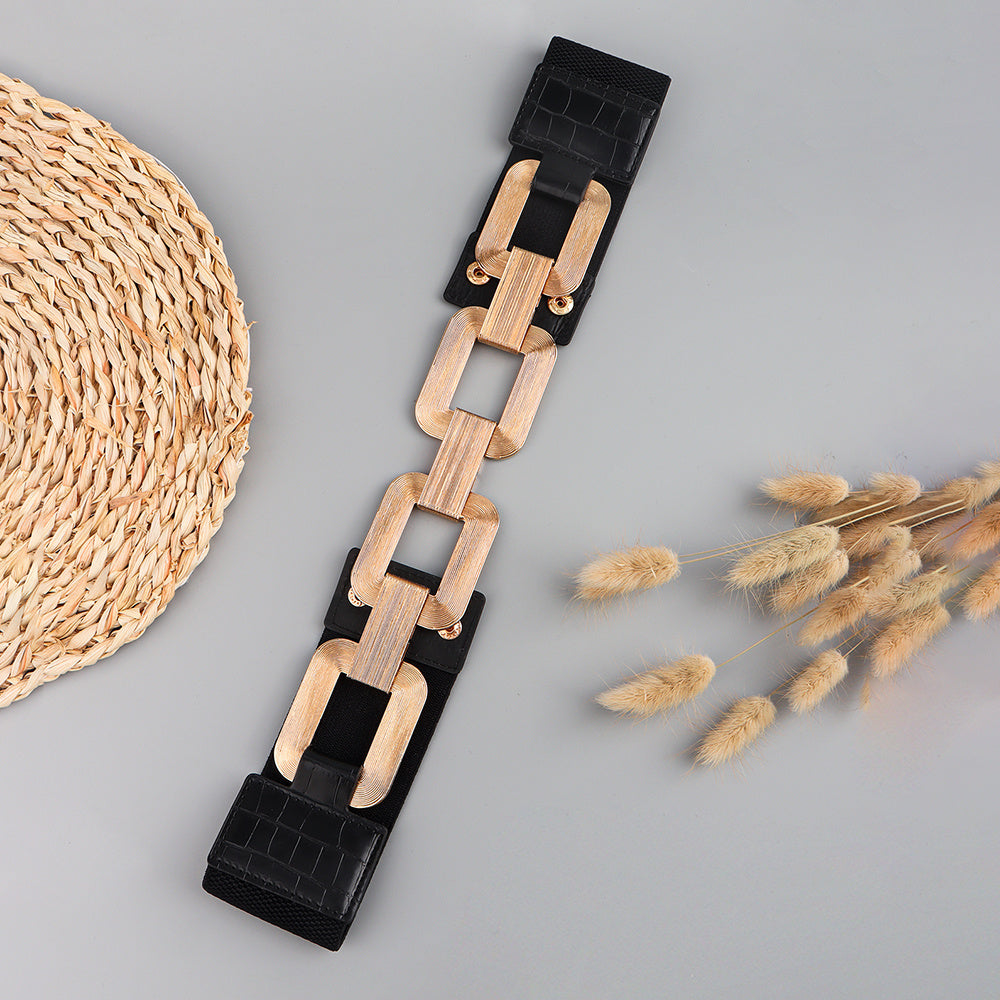 The New Women's Gold Black Wide Belt Decoration Fashion Elastic Metal Waist Cover With Skirt Coat Waist Closed With Fashion Belt