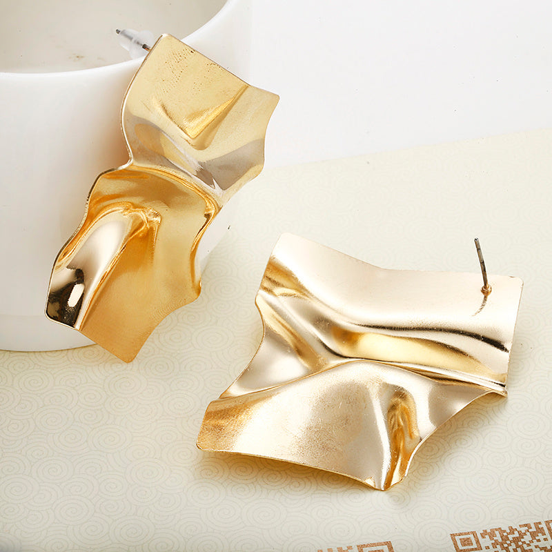 European and American Personality Trend Earrings Metal Texture Folds Exaggerated Geometric Earrings
