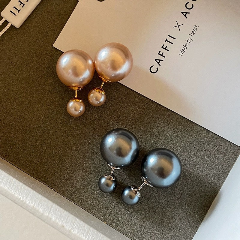 Silver Needle Really Many Heather Gray Australian White Big And Small Balls Two Sides Pearl Ear Studs