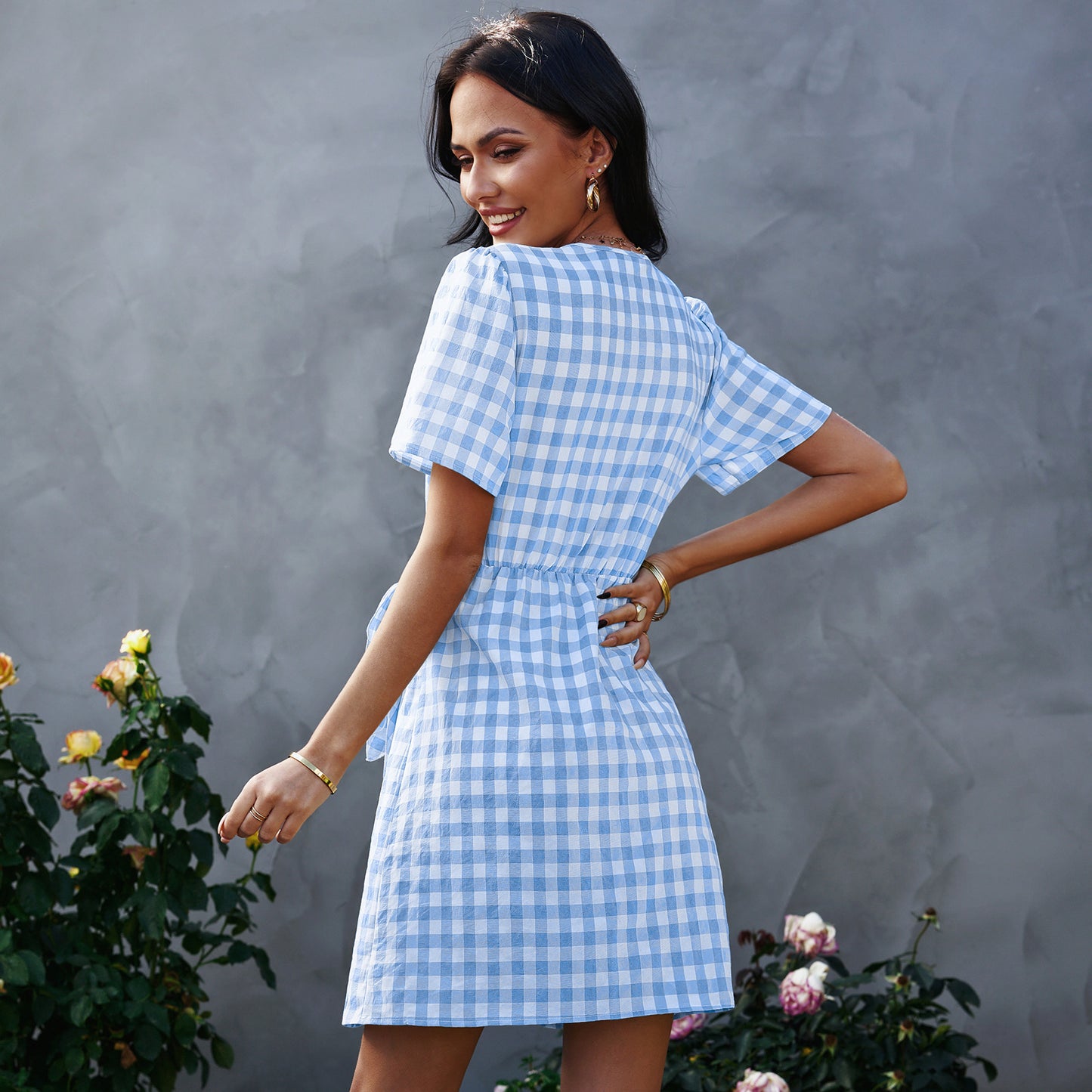 New Plaid Women's Fashion Bow V-neck Dress