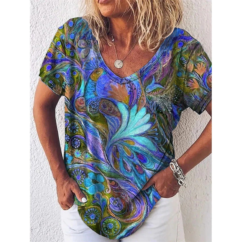 Summer Popular Floral Print Short-sleeved V-neck T-shirt For Women