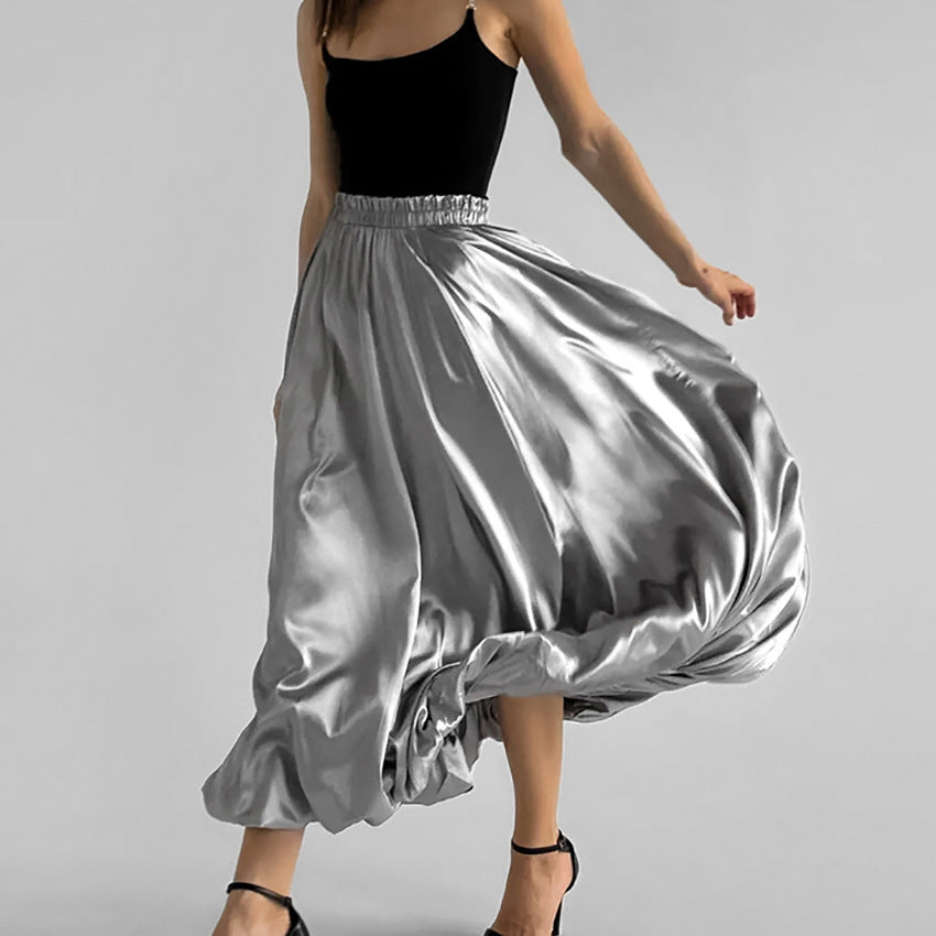 Fashion Silver Bud Skirt European And American Design High Waist A- Line Skirt
