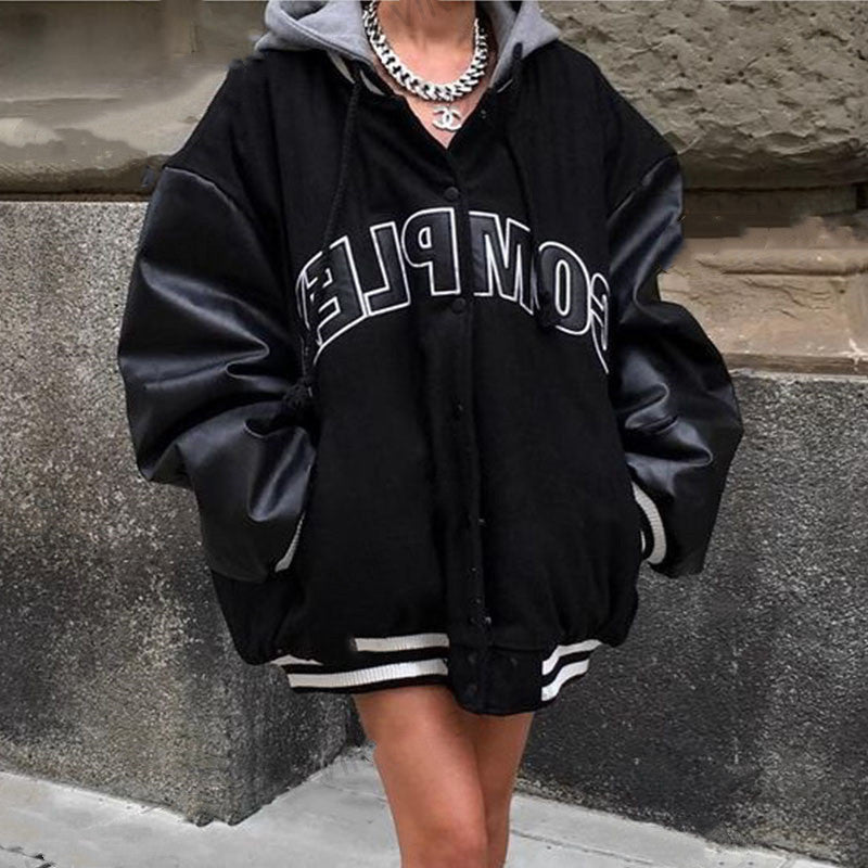 Black Hooded Quilted Baseball Jacket
