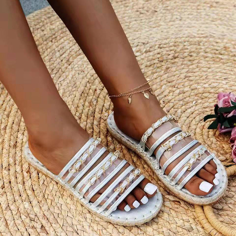 New Hemp Rope Thick Bottom Women's Large Size Straw Sandals With Rhinestones