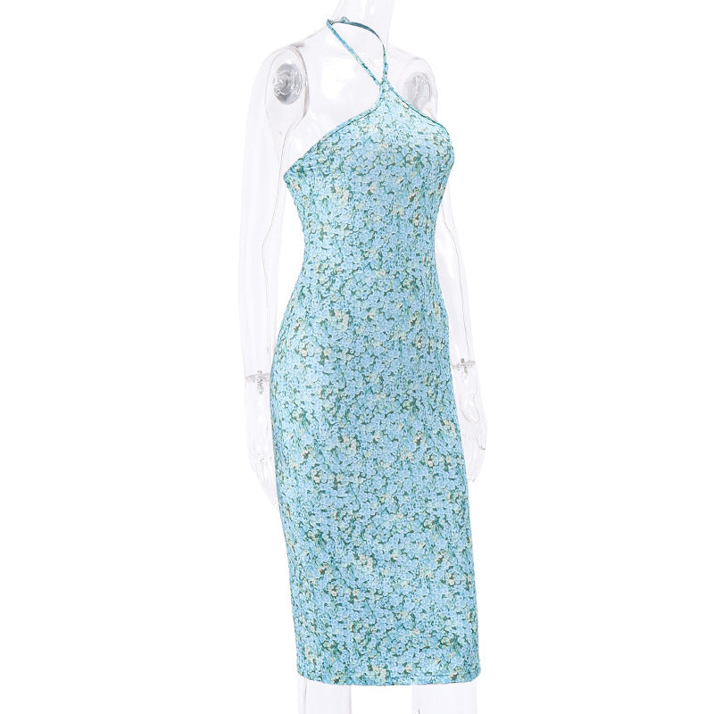 Hanging Neck Back Slim Floral Knee-length