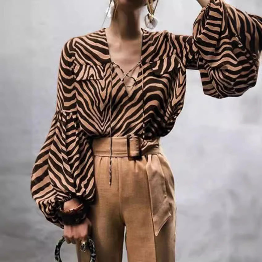 Women's Clothing Spring And Summer Zebra Prints V-neck Lace-up Long Sleeve Shirt