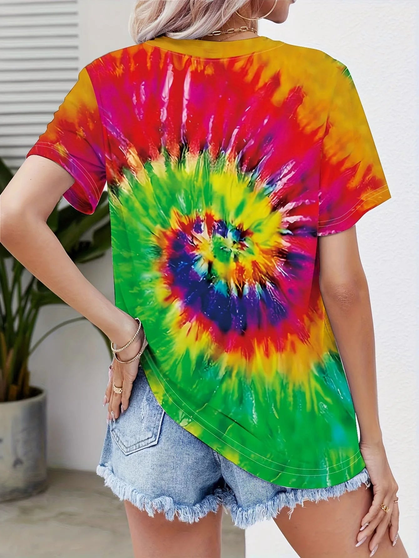 Round Neck Women's Cotton-like Short-sleeved Tie-dye T-shirt - Chic Angle