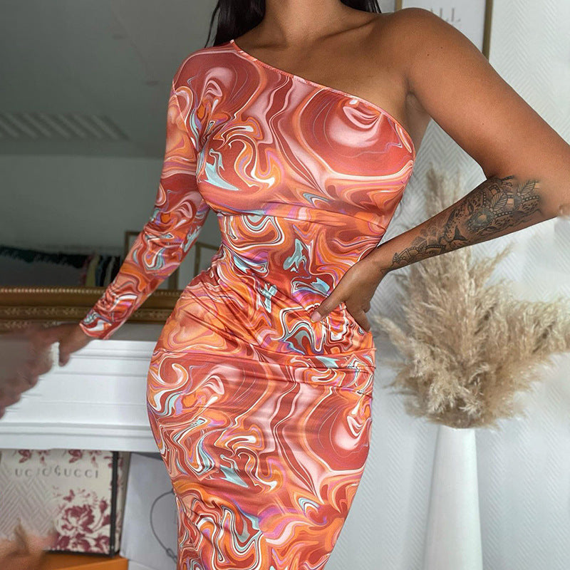 Women's Fashion Print Slanted Shoulder Long Sleeve Slim Fit Midi Dress