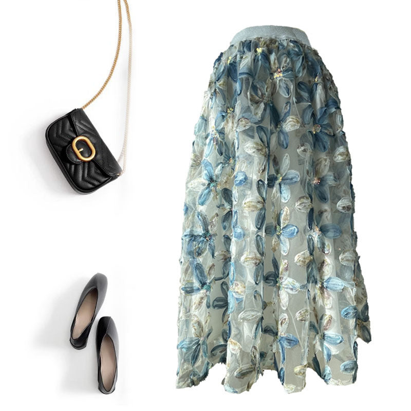 Heavy Industry Three-dimensional Flower Sequined Fairy Gauze Skirt