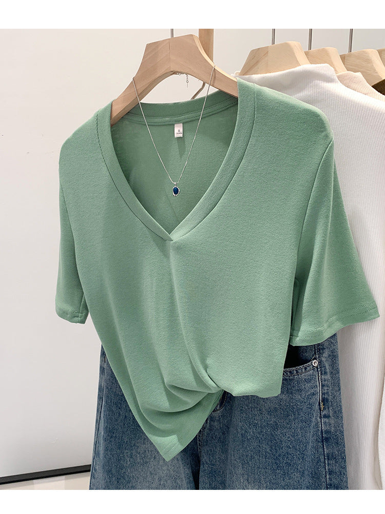 V-neck Shoulder Short-sleeved T-shirt Women's Fashion Small Top