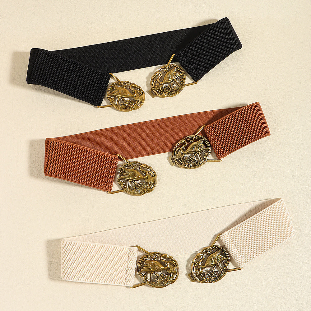 Simple Retro Elastic Belt Metal Hollow Buckle Red-crowned Crane Elastic Waist Elegant Female Fashion Accessories