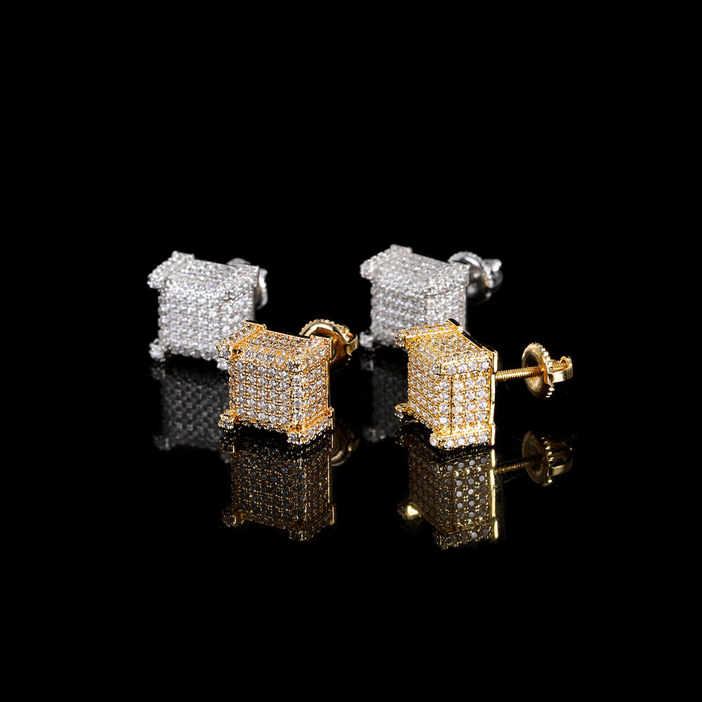 European Hip Hop Micro Inlaid Zircon Square Ear Studs