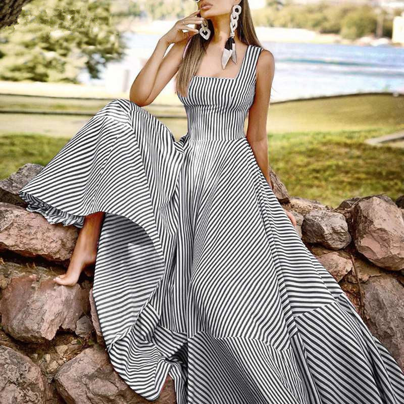 Women's Fashion Square Neck Slim Fit Casual Vacation Striped Big Swing Dress