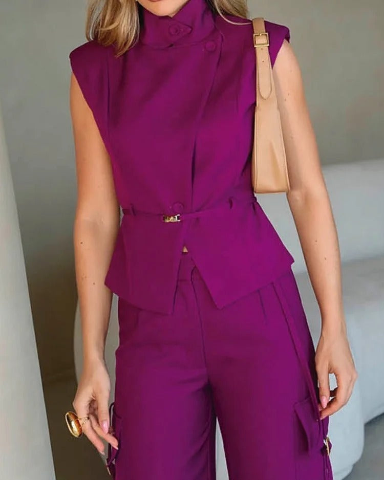 Rest Sleeveless Polo Collar Solid Color Casual Two-piece Suit - Chic Angle